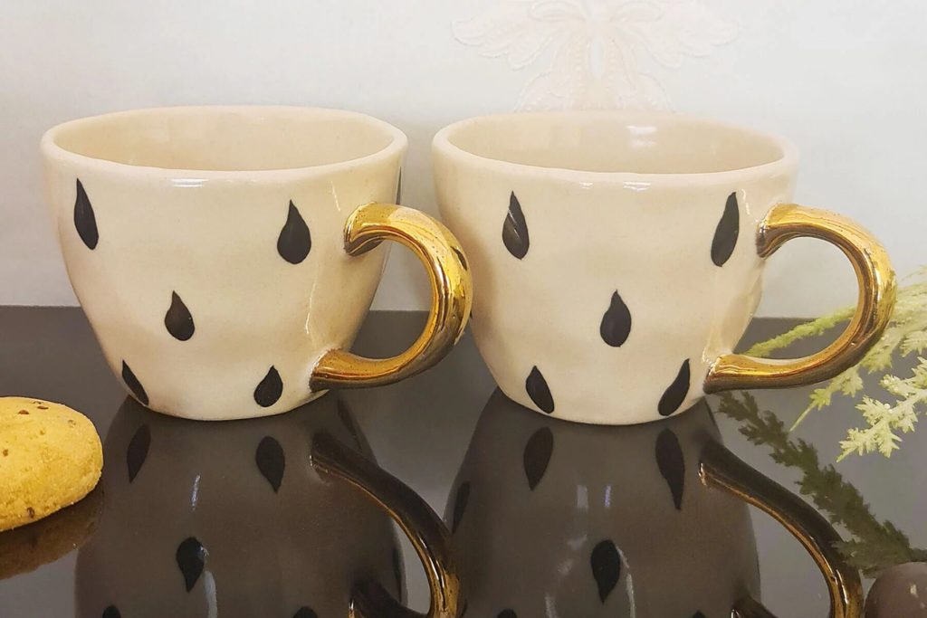 handcrafted ceramic mug for coffee set of 2 with golden handle